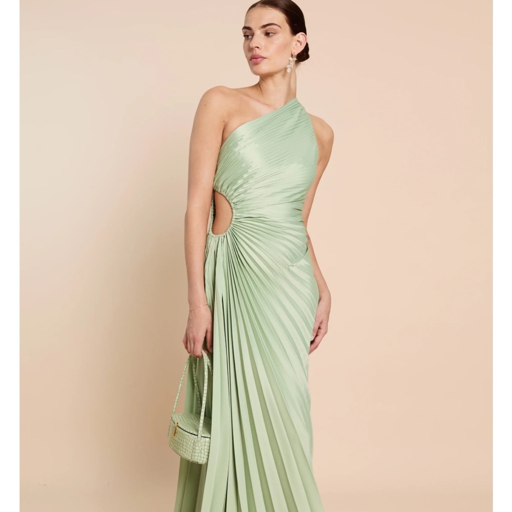 Brand New One-Shoulder Silky Pleated Light Green Sage Dress